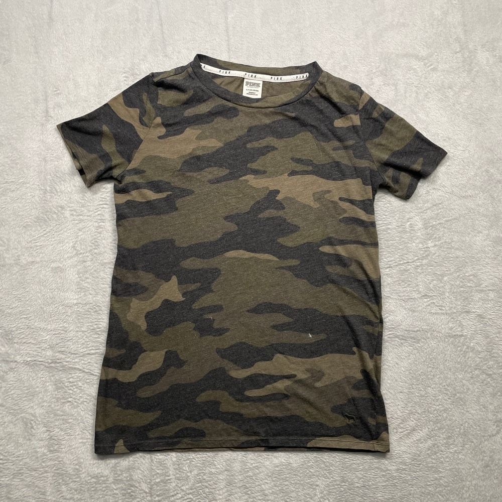 PINK Victoria's Secret Sleep Shirt Women S Green Camo Short Sleeve Crewneck Tee